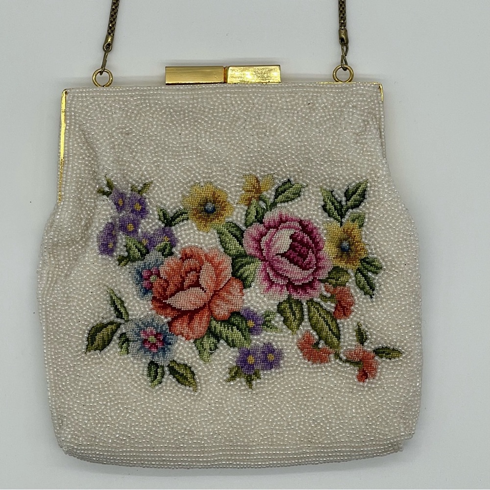 Vintage La Regale LTD Beaded & Petit Point Floral Evening Bag Clutch Purse